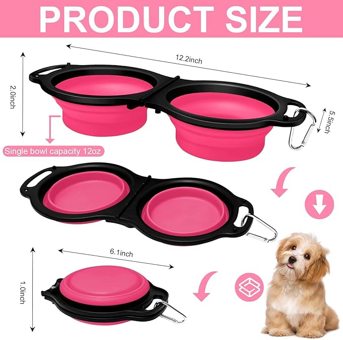 Collapsible Silicone Cat and Dog Travel Bowls,2 in 1 Foldable Pet Feeding and Watering Dish for Walking Camping Hiking with Carabiner (Rose Red) - PAWPICO