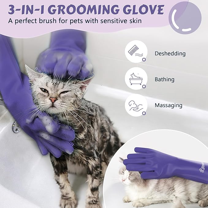 Pecute Pet Grooming Gloves, Large, Heat Resistant, Silicone Bathing and Massaging Gloves with High-Density Teeth and Enhanced Five Finger Design for Dogs and Cats, Purple - PAWPICO