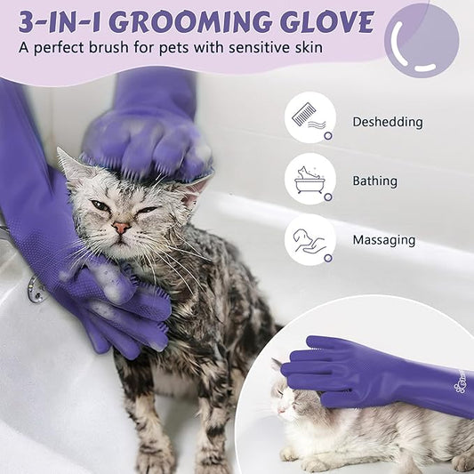 Pecute Pet Grooming Gloves, Large, Heat Resistant, Silicone Bathing and Massaging Gloves with High-Density Teeth and Enhanced Five Finger Design for Dogs and Cats, Purple - PAWPICO