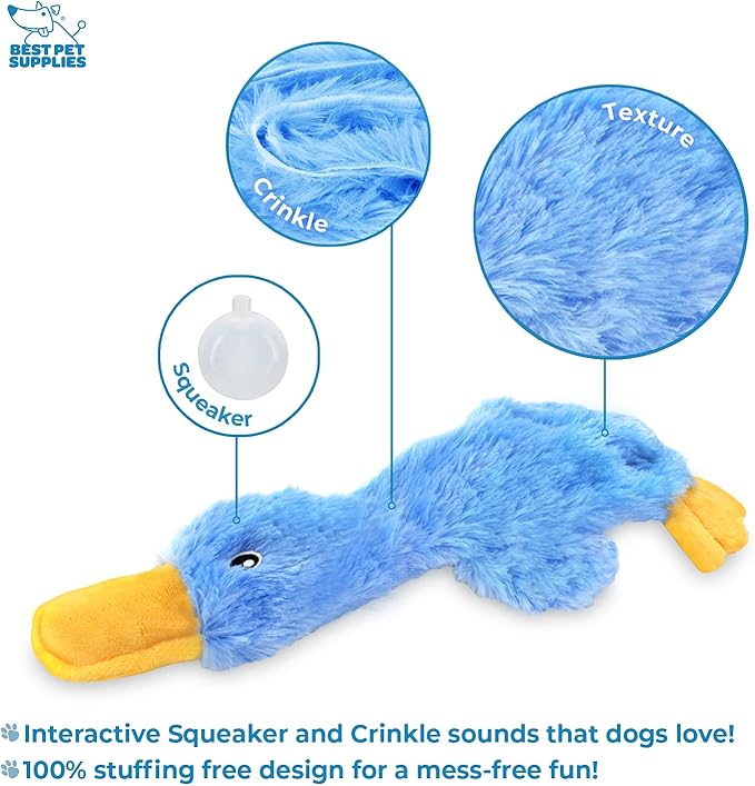 Best Pet Supplies Crinkle Dog Toy for Small, Medium, and Large Breeds, Cute No Stuffing Duck with Soft Squeaker, Fun for Indoor Puppies and Senior Pups, Plush No Mess Chew and Play - Blue - PAWPICO