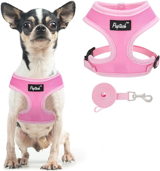 PUPTECK Soft Mesh Dog Harness and Leash Set Pet Puppy Cat Comfort Padded Vest No Pull Harnesses, Solid Pink, XS PUPTECK