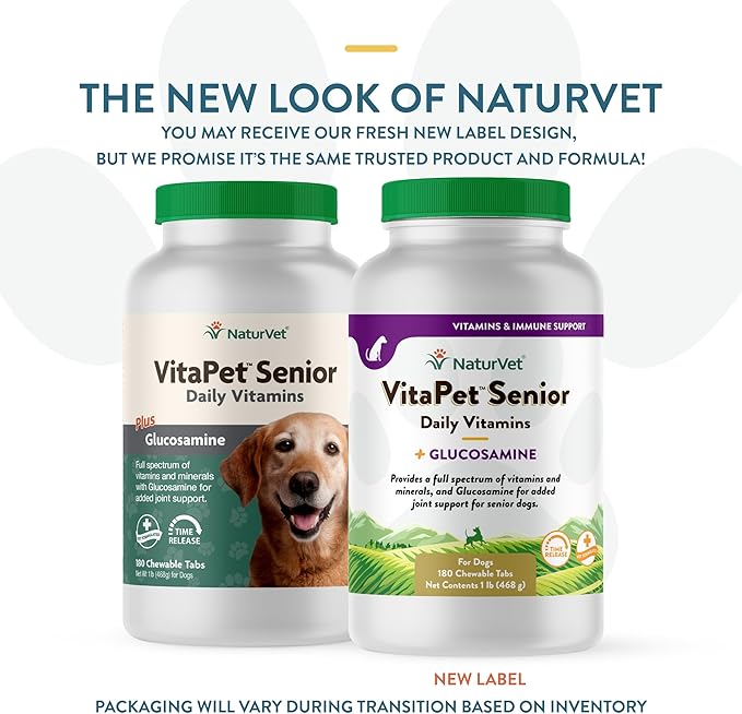 NaturVet VitaPet Senior Daily Vitamins Plus Glucosamine, Dog Multivitamin Supplement, Chewable Tablets, Time Release, Made in The USA with Globally Source Ingredients 180 Count NaturVet