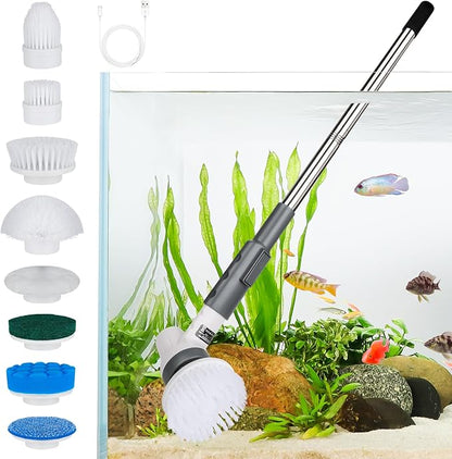 AQQA 8-in-1 Aquarium Cleaning Kit Electric Spin Scrubber Glass Cleaner Cordless Rechargeable IPX9 Waterproof Handheld Fish Tank Cleaning Brush Algae Scrapers Cleaning Tools AQQA