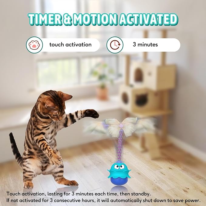 LEWISER Cat Toys Monster, 3in1 Rechargeable Automatic Interactive Cat Toy for Indoor Cats Exercise, Real Feathers, Silicone and Butterfly Tail, LED Lighting, Mice Squeak Chirping, Blue - PAWPICO