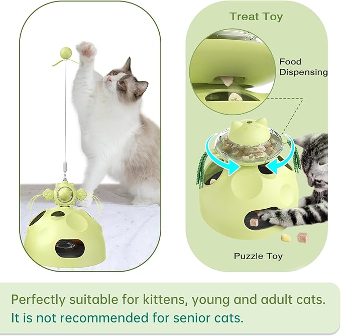 Interactive cat Toys for Indoor Cats, 4 in 1 cat self Moving Toy,Kitten Wand Toy, Spinning Toy, Slow Food Dispenser Feeder Treat Dispensing Feeding pet Supplies Gift (Green) - PAWPICO