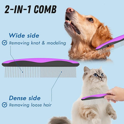 Pet Grooming Brush and Metal Comb Combo - Undercoat Rake for Dematting and Deshedding Long Matted Haired Dogs and Cats, Purple - PAWPICO