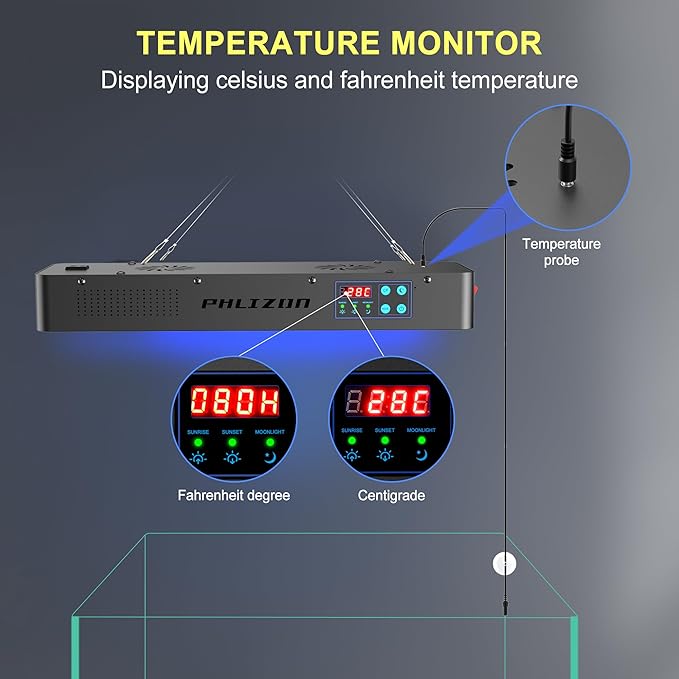 Phlizon Timer Control Dimmable 165W LED Aquarium Light with Temperature Monitor Full Spectrum Fish Tank Light for Grow Coral Reef Marine Fish Tank LPS/SPS Phlizon