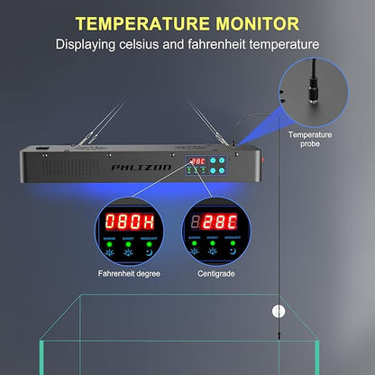 Phlizon Timer Control Dimmable 165W LED Aquarium Light with Temperature Monitor Full Spectrum Fish Tank Light for Grow Coral Reef Marine Fish Tank LPS/SPS Phlizon