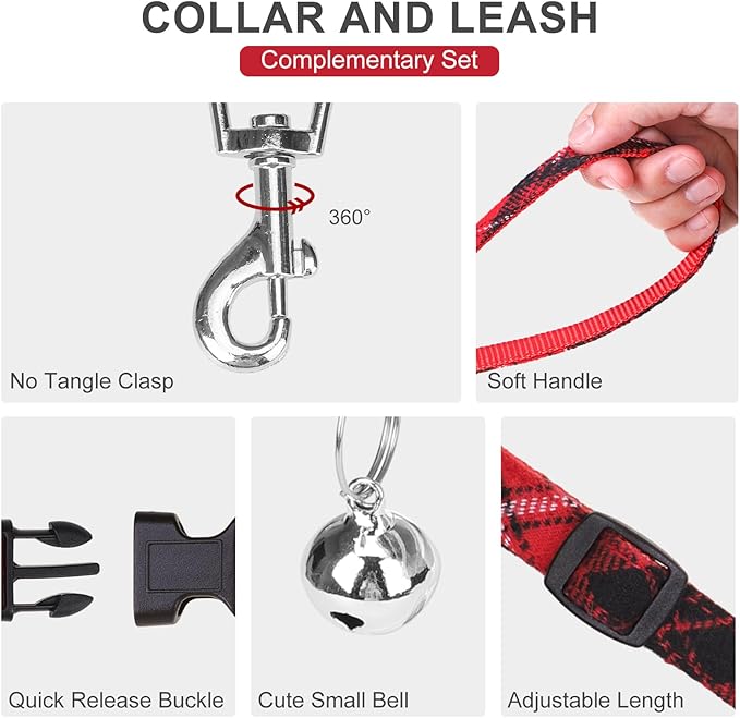 EXPAWLORER Classic Plaid Puppy Harness - Small Dog Harness and Leash Set - Dog Collar and Leash Set with AirTag Holder, Soft Padded Step in Dog Vest Harness No Pull Reflective for Outdoor, Red XS EXPAWLORER