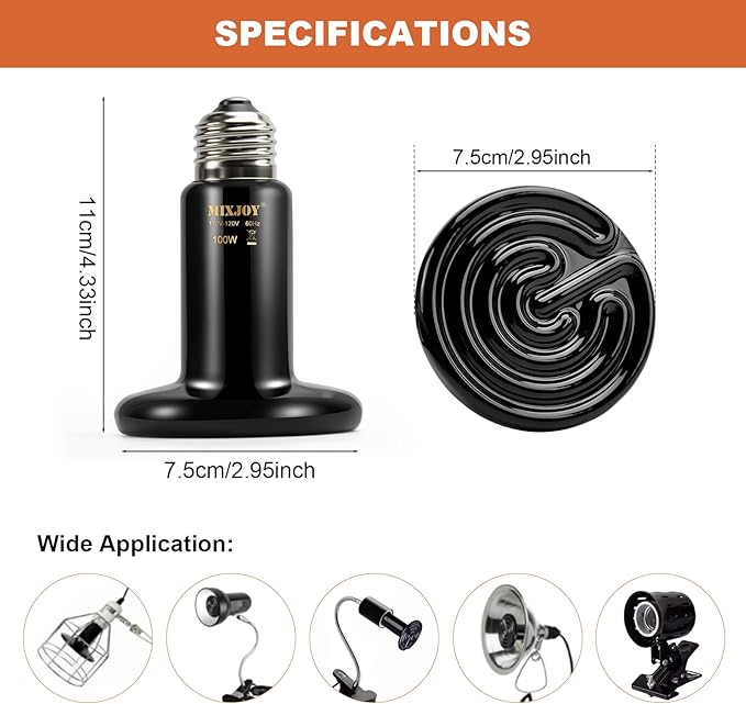 MIXJOY 100W Reptile Heat Lamp 2Pack Ceramic Heat Emitters Reptile Heat Lamp Bulbs, No Light Emitting Ceramic Heat Bulbs for Amphibian Terrarium Reptile Gecko Lizard Bearded Dragon Turtle Chicken Snake MIXJOY
