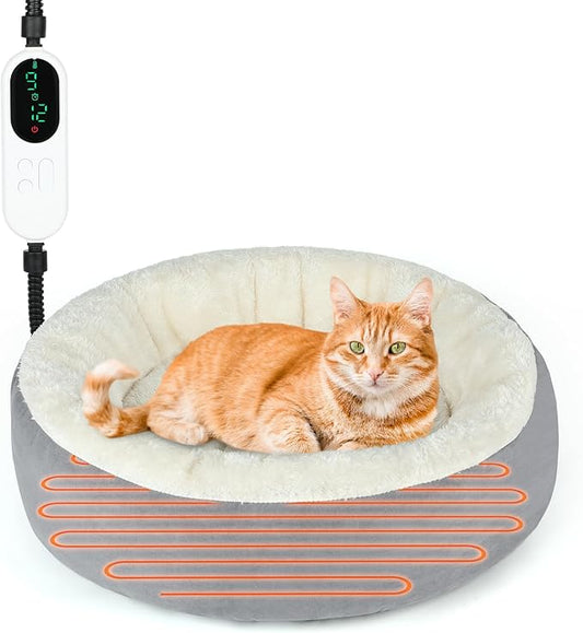 BWOGUE Heated Cat Bed for Indoor Cats,19'' Donut Detachable Heated Pet Bed Thermo-Kitty Heating Bed,Electric Warming Cat Bed Heater with Timer, Washable pet Heating Bed - PAWPICO