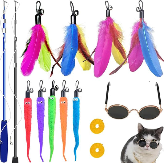 ZPH Cat Toys Interactive for Indoor Cats,2PCS Retractable Cat Wand Toys,9PCS Teaser Toys&1PCS Cat Eyeglasses Cat Toy,Interactive Feather Toy for Teaser Play and Chase Exercise with Kitten - PAWPICO