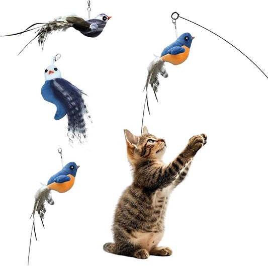 Chirping Bird Replacement Heads for Cat Toys - Set of 3 - Realistic Calling Bird Sounds, Vibrant Feather Designs, Easy Clip-On for Endless Fun - PAWPICO