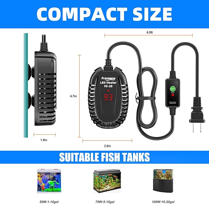 FREESEA Aquarium Fish Tank Heater: 50W Small Submersible Turtle Heater with Adjustable Temperature External Controller for Betta | Saltwater | Freshwater | 1-10 Gallon FREESEA