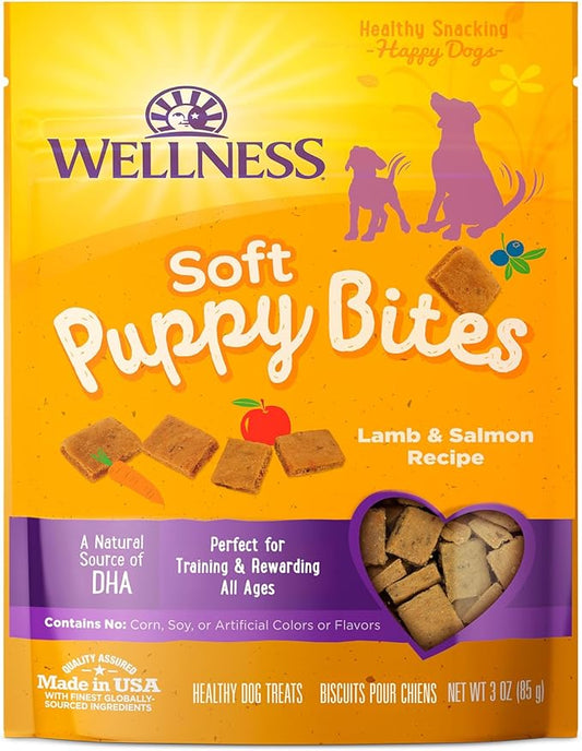 Wellness Soft Puppy Bites Healthy Grain-Free Treats for Training, Dog Treats with Real Meat and DHA, No Artificial Flavors (Lamb & Salmon, 3-Ounce Bag) - PAWPICO