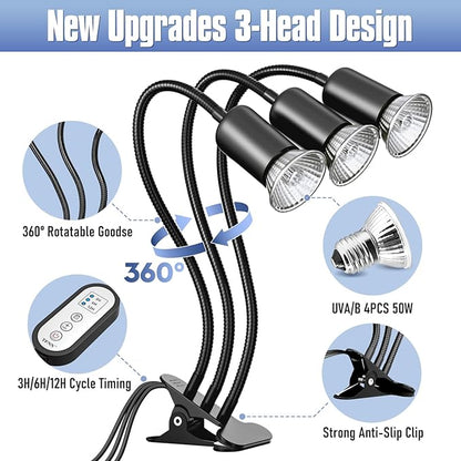 Reptile Heat Lamp, Three Head Reptile Light with Cycle Timer,UVA UVB Light, dimmable Basking lamp for Tortoise, Bearded Dragon, Lizard, Snake, E26/27 Base with 4 Bulbs (50W)-Black TFNN