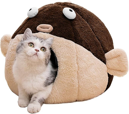 Cat Beds for Indoor Cats - Cat Bed Cave with Removable Washable Cushioned Pillow, Soft Plush Premium Cotton No Deformation Pet Bed, Lively Pufferfish Cat House Design, Brown, Multiple Sizes(S) - PAWPICO
