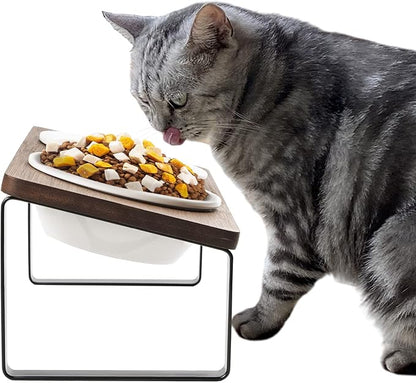 Sunhoo Ceramic Elevated Cat Bowls, Raised Puppy Dishes for Food and Water, Tilted Bamboo Stand for Anti Vomiting, Indoor 5.5 inch Wide Double Dish Orthopedic Anti-Vomiting (Brown) - PAWPICO