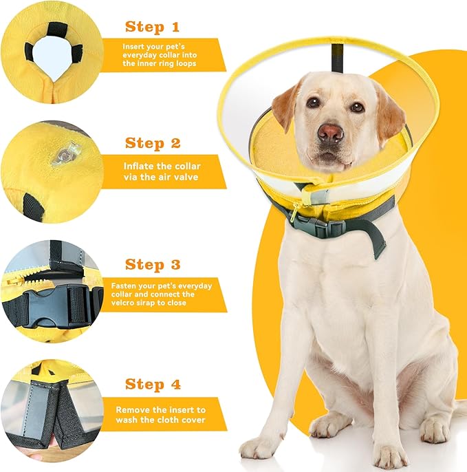 Dog Cone Collar, Inflatable Dog Cone After Surgery for Small Medium Large Dogs, Soft Dog Cone of Alternative with Enhanced Anti-Licking Guard Shield for Pets (Yellow, S (Neck: 5"-8")) RoyalClaws