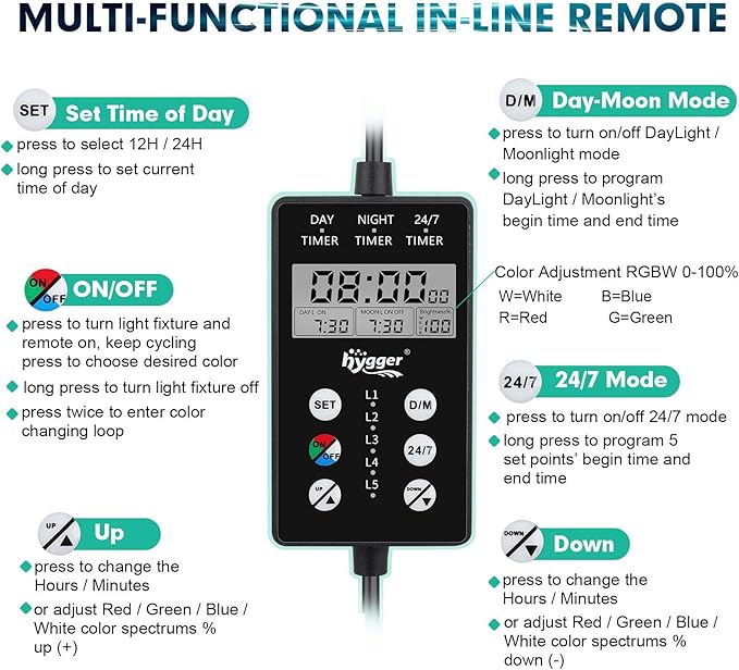 hygger Fully Customize LED Aquarium Light Daylight-Moonlight & 24/7 Mode, WRGB Full Spectrum 36-42 in Fish Tank Planted Light with in-line Remote, Auto On Off 8 Colors Adjustable Brightness hygger