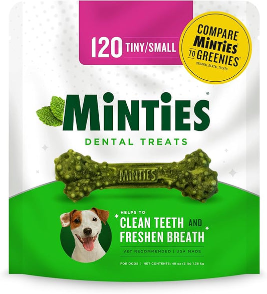 Minties Dental Chews for Dogs, 120 Count, Vet-Recommended Mint-Flavored Dental Treats for Tiny/Small Dogs 5-24 lbs, Dental Bones Clean Teeth, Fight Bad Breath, and Removes Plaque and Tartar Minties