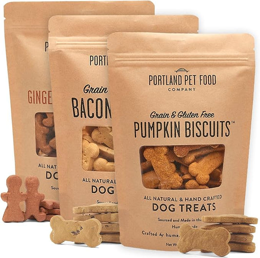 Portland Pet Food Company Healthy Dog Treats Variety 3-Pack - Grain-Free, Human-Grade, Gingerbread, Pumpkin and Bacon Dog Treats Multipack - Natural Dog Training Treats & Biscuits Made in the USA Only - PAWPICO