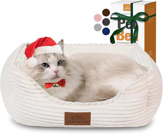 Cat Dog Bed for Pets, Rectangle Pet Bed Gift for Puppy and Kitten, Machine Washable Calming Fluffy Pet Couch Sofa for Indoor Outdoor, Portable Soft Cat Bed with Non-Slip Bottom (Small, Cream) - PAWPICO