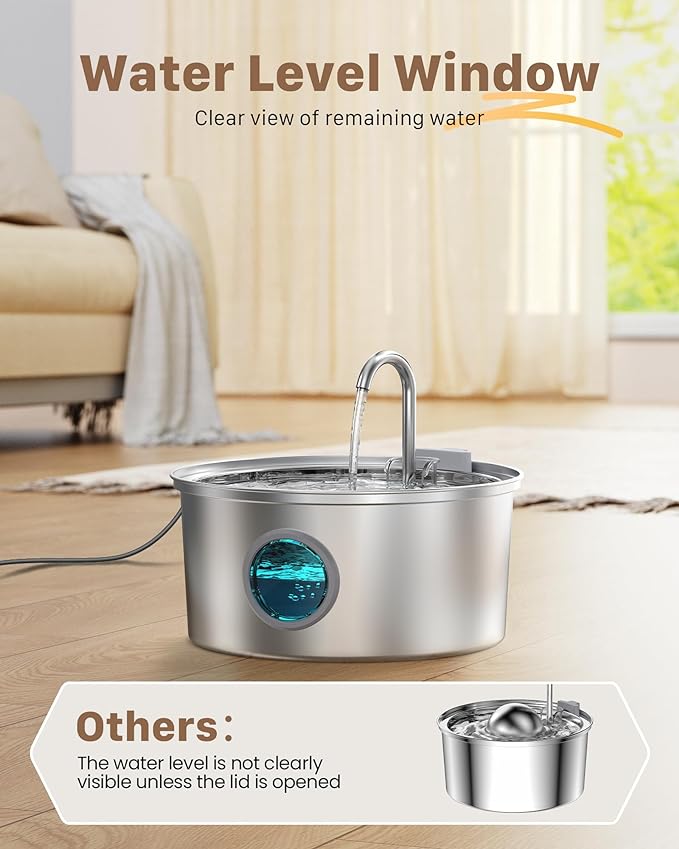 Cat Water Fountain Stainless Steel: Cat Fountain for Drinking - 108oz/3.2L Pet Water Fountain for Cats Indoor - Quiet Water Fountain for Cats - Faucet Pet Fountain - Contains 6 Filters + 3 Sponges - PAWPICO