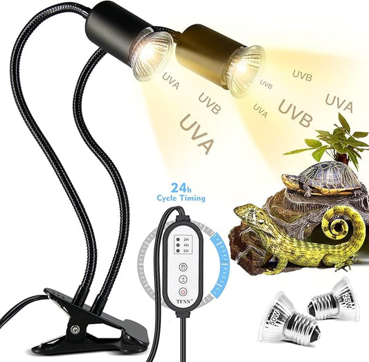 Reptile Heat Lamp, Double-Head Heat Lamp with Clamp, UVA UVB Reptile Light with Intelligent Cycle Timer for Turtle, Bearded Dragon, Lizard and More, 2 Bulbs 25W+50W TFNN