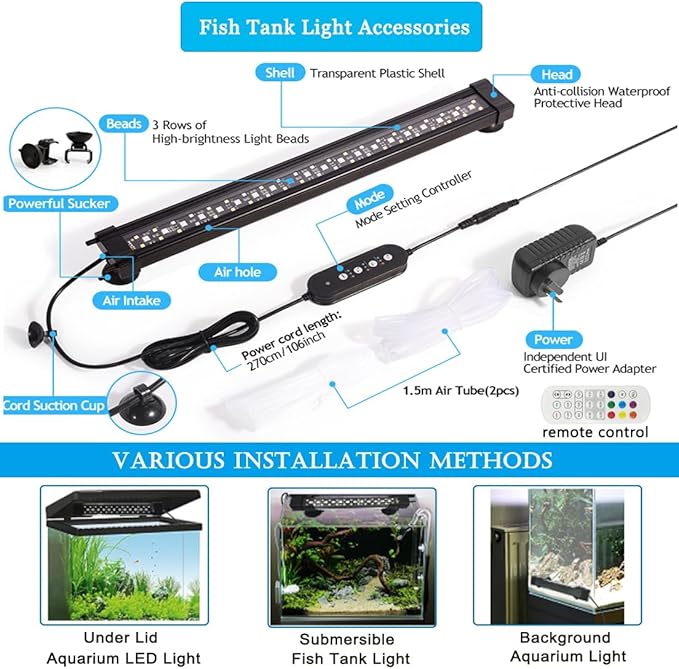 Submersible Aquarium Light for Fish Tank,24/7 Mode Full Spectrum LED Fish Tank Light with Air Bubble Hole RGB Color Changing Brightness Timer Adjustable,15.7inch 12W Fish Light REIRQIE