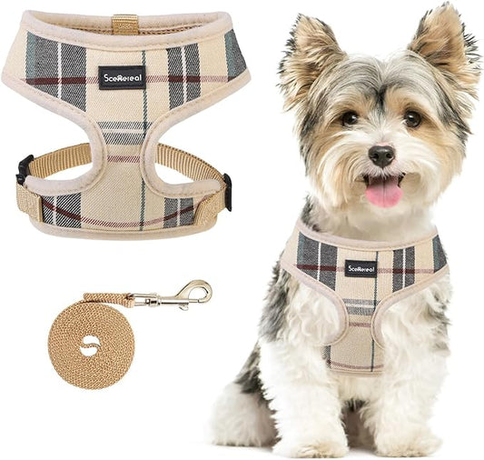 SCENEREAL Puppy Dog Harness with Leash Set for Small Medium Sized Dogs, Soft Mesh Step in Pet Harnesses and Leash, No Chock Plaid Adjustible No Pull Vest for Dogs Cats, Chihuahua,Bulldog (Beige S) SCENEREAL
