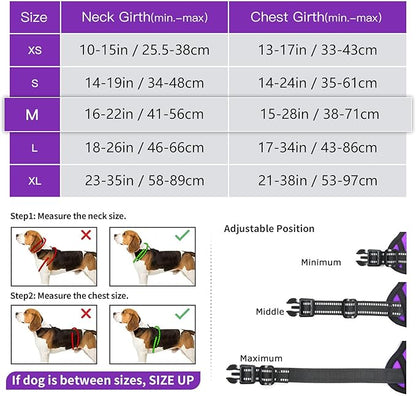 Timos Dog Harness Medium Sized, No Pull Dog Harness with Neck Lockable Snap,No Choke Front Clip Dog Reflective Harness,Adjustable Metal Rings 3 Buckles,Easy Control Handle for Medium Dogs Purple M Timos