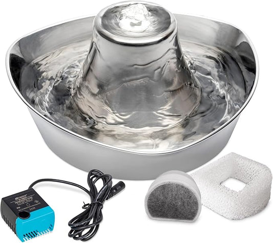 PetSafe Seaside Pet Water Fountain (60 oz/1.8L Water Capacity) Stainless Steel Cat Water Fountain, Helps Prevent Pet Acne, Scratch and Rust-Resistant Material - PAWPICO