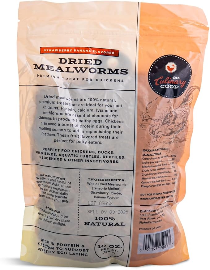 Fluker's Culinary Coop Strawberry Banana Dried Mealworm Treat for Chickens, 10 oz Flukers