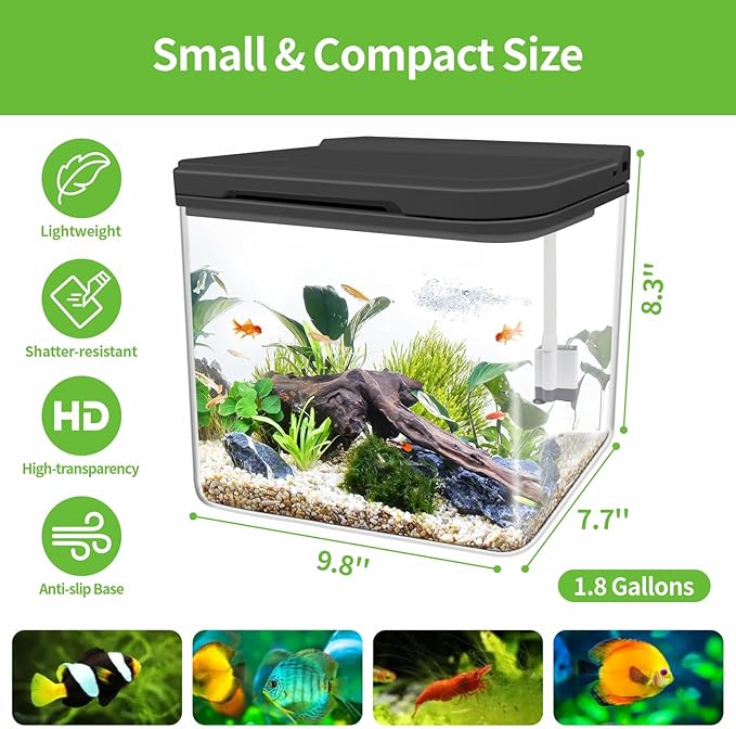 Small Fish Tank Kit 1.8 Gallon, Aquarium Starter Kit with Super-Quiet Water Pump, Dual Rain Filtration, Self Cleaning Function, Shatter-Resistant & Leak-Proof Base (Black) Moonorange
