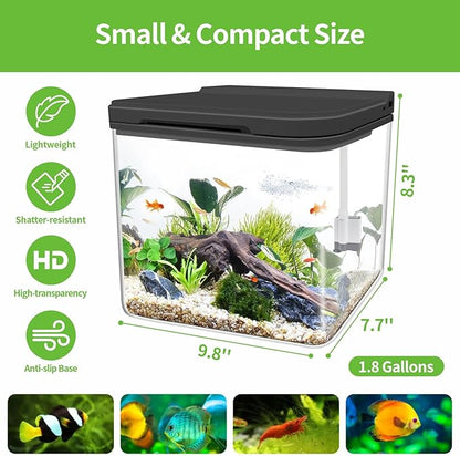 Small Fish Tank Kit 1.8 Gallon, Aquarium Starter Kit with Super-Quiet Water Pump, Dual Rain Filtration, Self Cleaning Function, Shatter-Resistant & Leak-Proof Base (Black) Moonorange