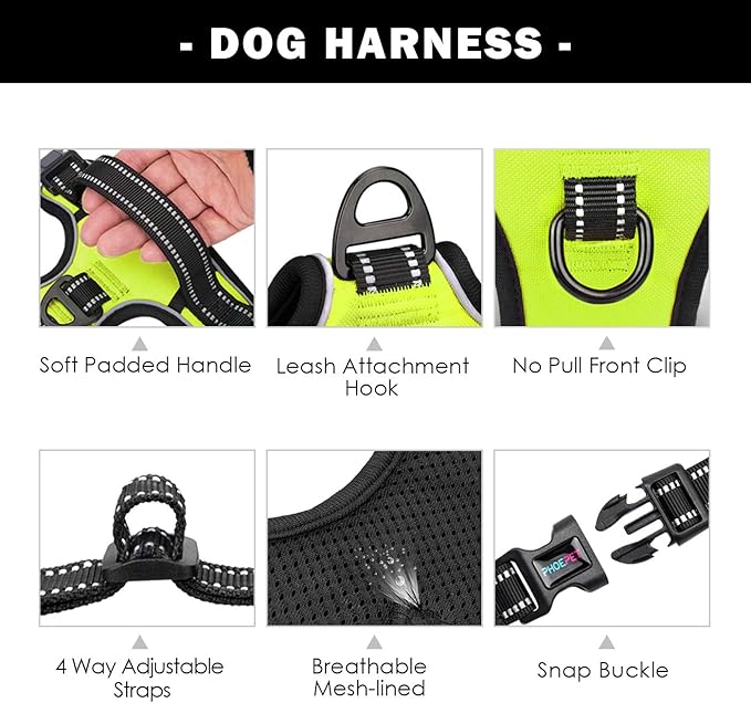 PHOEPET Reflective Dog Harness Large Breed Adjustable No Pull Vest with Handle 2 Metal Rings 3 Buckles [Easy to Put on & Take Off](L, Green) PHOEPET