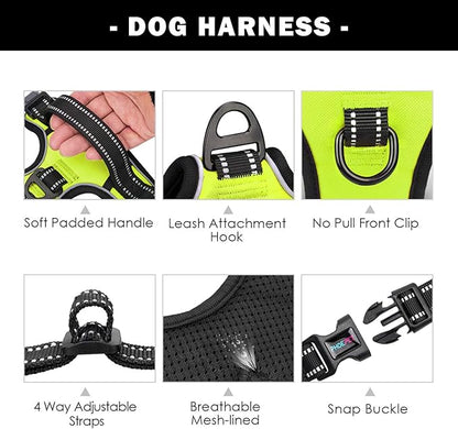 PHOEPET Reflective Dog Harness Large Breed Adjustable No Pull Vest with Handle 2 Metal Rings 3 Buckles [Easy to Put on & Take Off](L, Green) PHOEPET