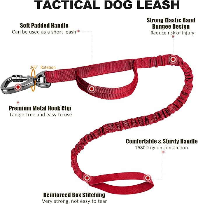 Tactical Dog Collar and Bungee Leash,Military Dog Collar & Leash Set with USA American Flag Adjustable K9 Collar with Heavy Duty Metal Buckle & Handle,with Patches and Airtags Case (XL, Red) Celifelight