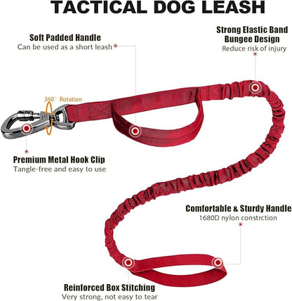 Tactical Dog Collar and Bungee Leash,Military Dog Collar & Leash Set with USA American Flag Adjustable K9 Collar with Heavy Duty Metal Buckle & Handle,with Patches and Airtags Case (L, Red) Celifelight