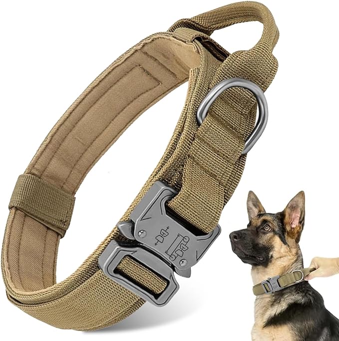 Tactical Dog Collar - Military Dog Collar, Adjustable Heavy Duty Metal Buckle Nylon Dog Collar with Control Handle for Small Medium Large Dogs, (Brown, L) ANTSWISH