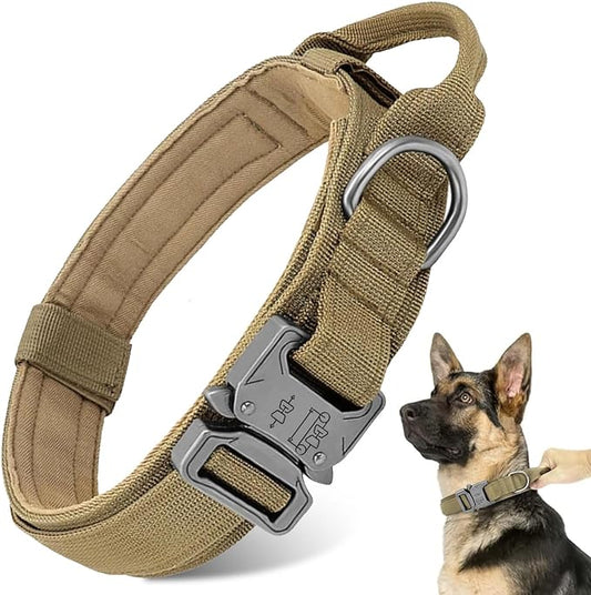 Tactical Dog Collar - Military Dog Collar, Adjustable Heavy Duty Metal Buckle Nylon Dog Collar with Control Handle for Small Medium Large Dogs, (Brown, L) ANTSWISH