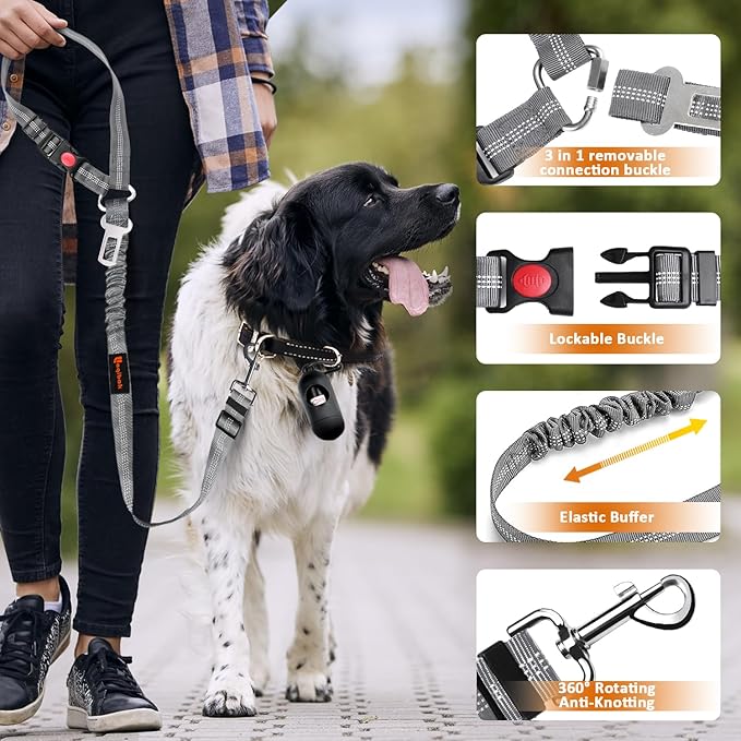 Removable Dog Seat Belt Harness for Car, 3 in 1 Pet Dog Car Seatbelt Leash, Retractable Restraint Secures to Vehicle Headrest & Adjustable Reflective Bungee Dog Seatbelt Tether, Grey - PAWPICO