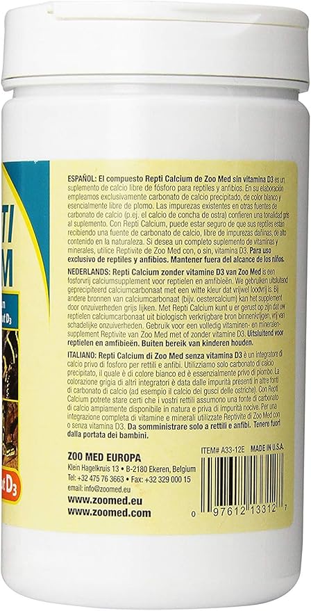 Zoo Med Repti Calcium Ultra Fine Precipitated Calcium Carbonate Reptile Supplement without Vitamin D3, 12-Ounce ZooMed