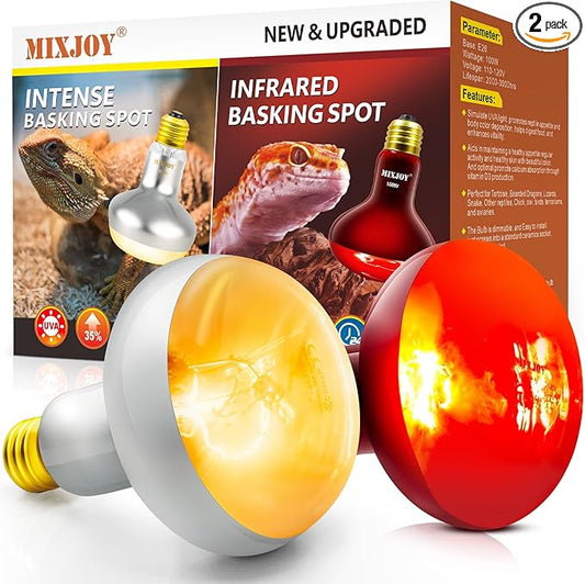 MIXJOY 100W Reptile Heat Lamp Bulb Combo, 2PCS Day & Night Reptile Heat Bulbs, UVA Daylight Intense Heat Basking Bulb Infrared Heat Light Bulb for Reptiles, Lizard, Tortoise, Bearded Dragon Chickens MIXJOY