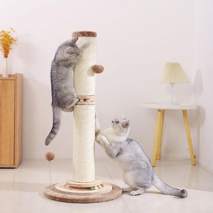 OTOB 32" Tall Cat Scratching Post, 4.3Inch Large Diameter Natural Sisal Rope Scratcher Post for Indoor Large Cats Kittens, 5-in-1 Interactive Turntable Cat Scratch Post (Brown, B-33Inch) - PAWPICO