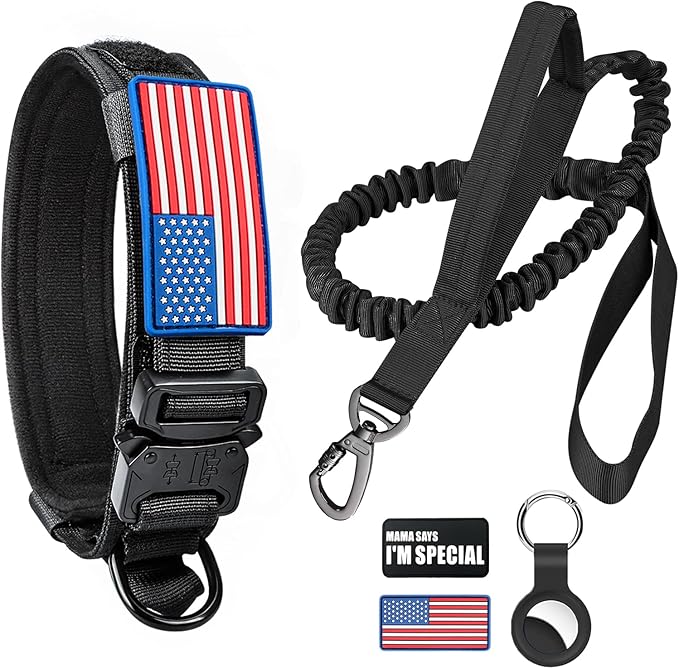 Tactical Dog Collar and Bungee Leash,Military Dog Collar & Leash Set with USA American Flag Adjustable K9 Collar with Heavy Duty Metal Buckle & Handle,with Patches and Airtags Case(XL, Black) Celifelight