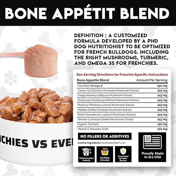 French Bulldog Optimized Mushroom Supplement for Dogs w/Turkey Tail Mushroom, Omega-3, Organic Turmeric – Mushroom Powder Super Food Topper for Dog Immune Support, Digestion, Allergies & Longevity PAWPICO