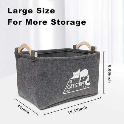 Cat Toy Box, Cat Toy Storage Basket with Handles, Felt Pet Toy Basket Pet Supplies Storage Bin, Perfect for Organizing Cat Toys and Accessories - PAWPICO