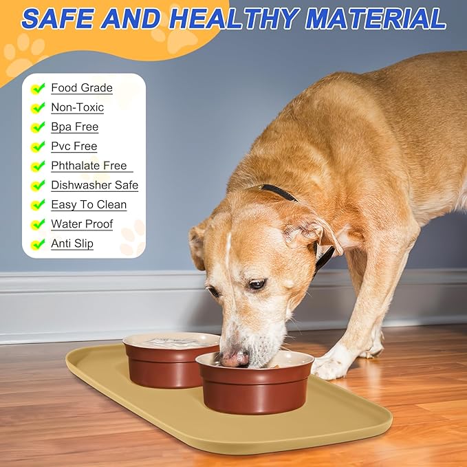 Silicone Pet Feeding Mat with Raised Edge, Dog Cat Bowl Mats for Food and Water, Pet Placemat for Floors Waterproof, 24” x 16” x 0.8” Beige - PAWPICO